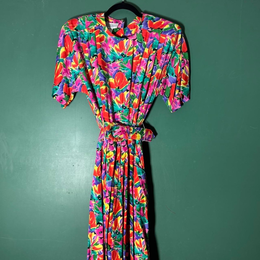 Vintage Jessica Howard 1980s Floral Belted Dress Multi Color Size 12
